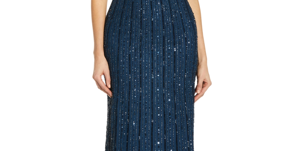 Vestido feminino Adrianna Papell com um ombro só e detalhes em azul, tamanho 2