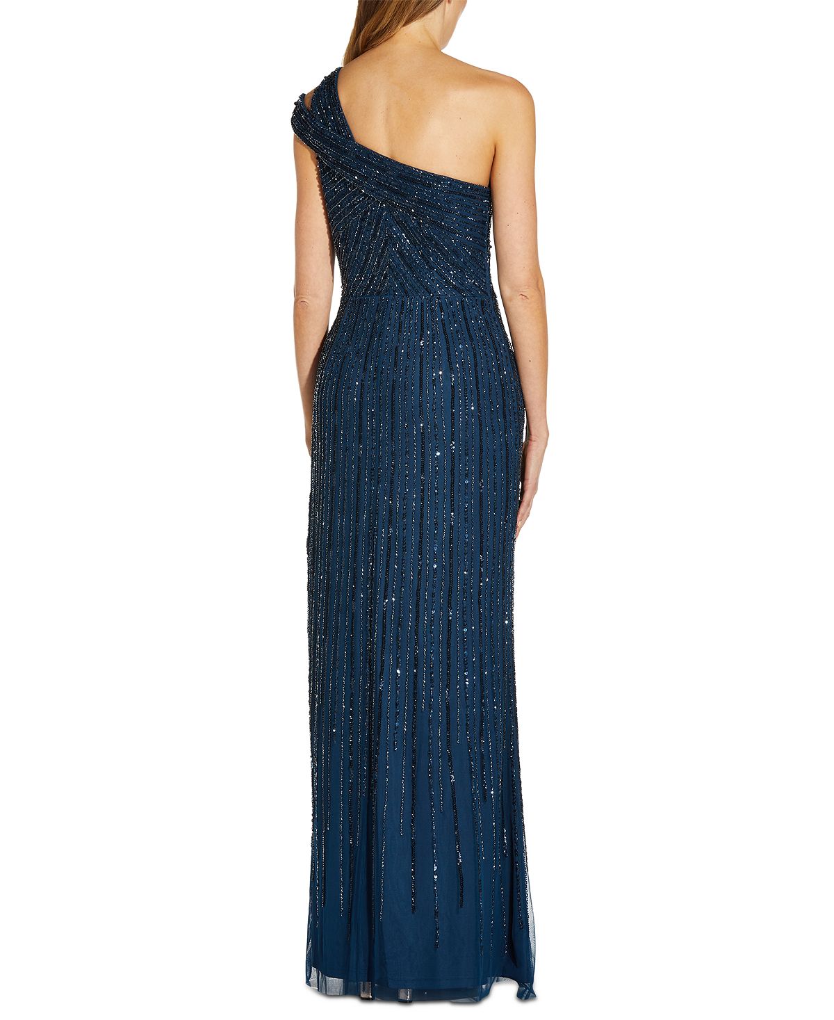 Vestido feminino Adrianna Papell com um ombro só e detalhes em azul, tamanho 4