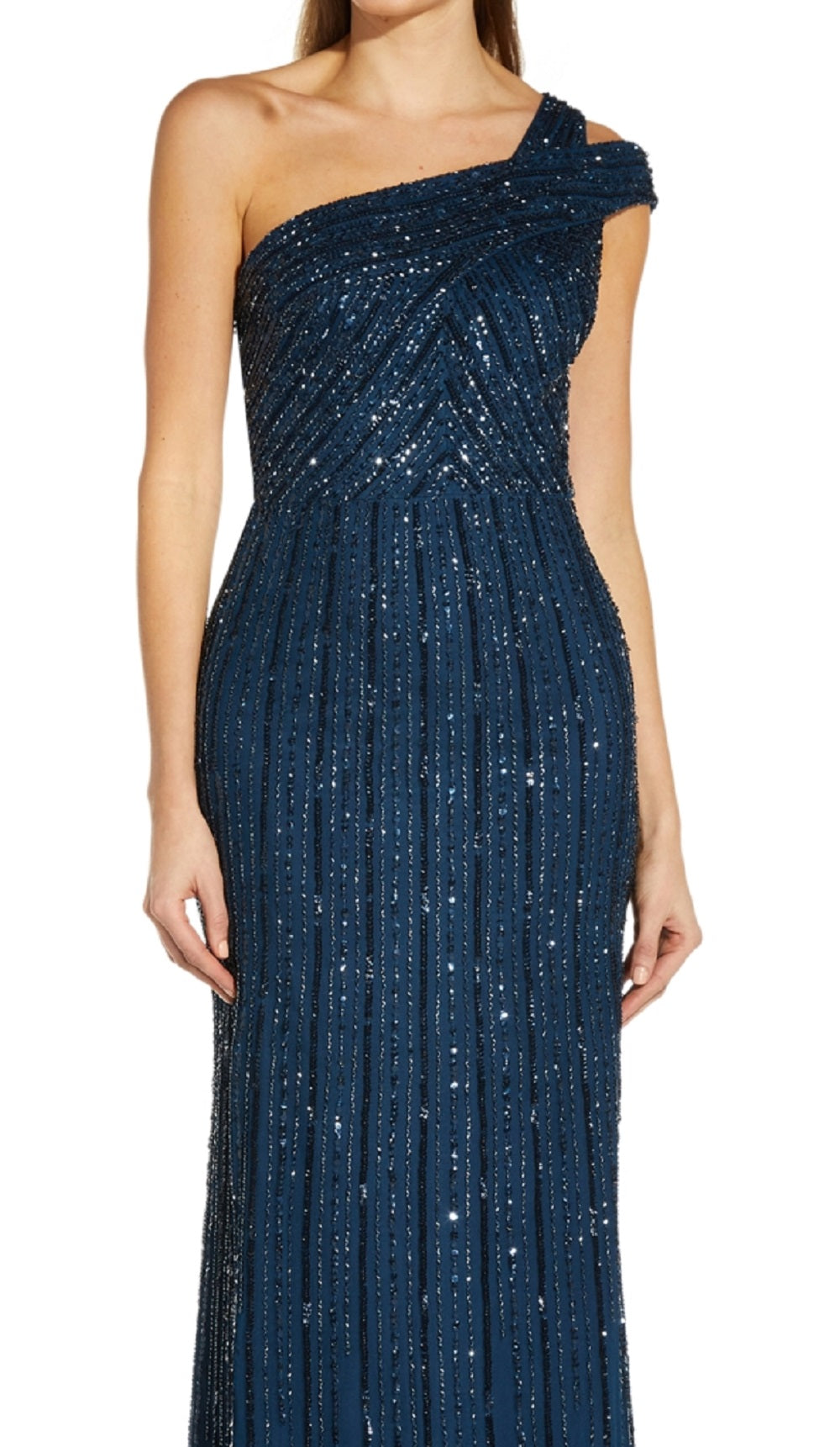 Vestido feminino Adrianna Papell com um ombro só e detalhes em azul, tamanho 4