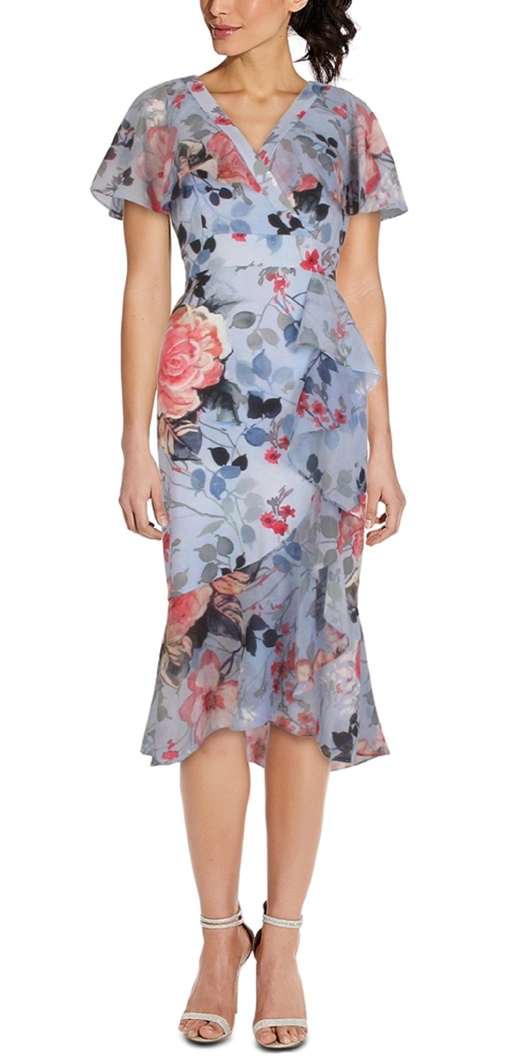 Vestido midi feminino Adrianna Papell com babados e estampa floral, azul, tamanho 8