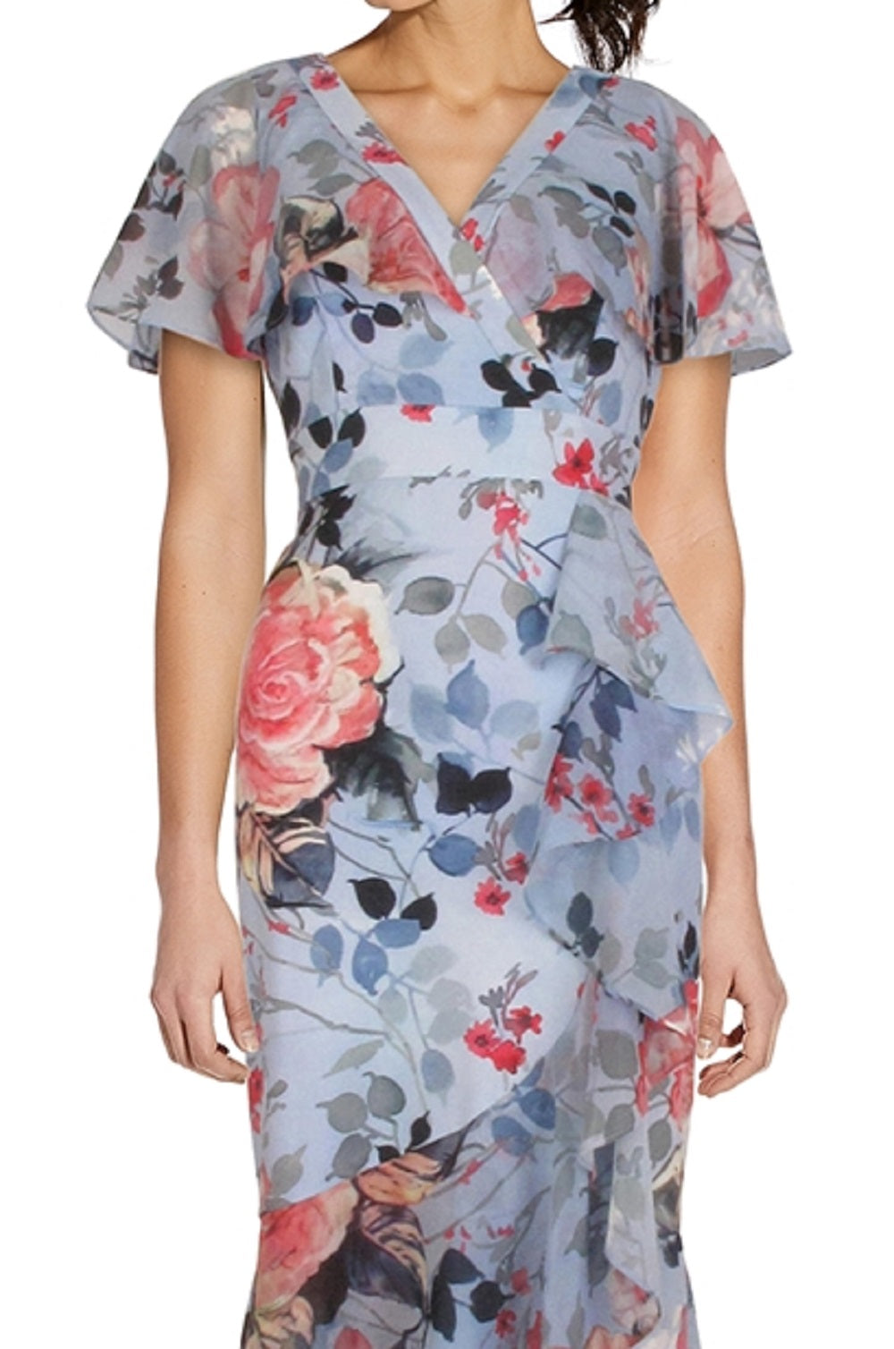 Vestido midi feminino Adrianna Papell com babados e estampa floral, azul, tamanho 12