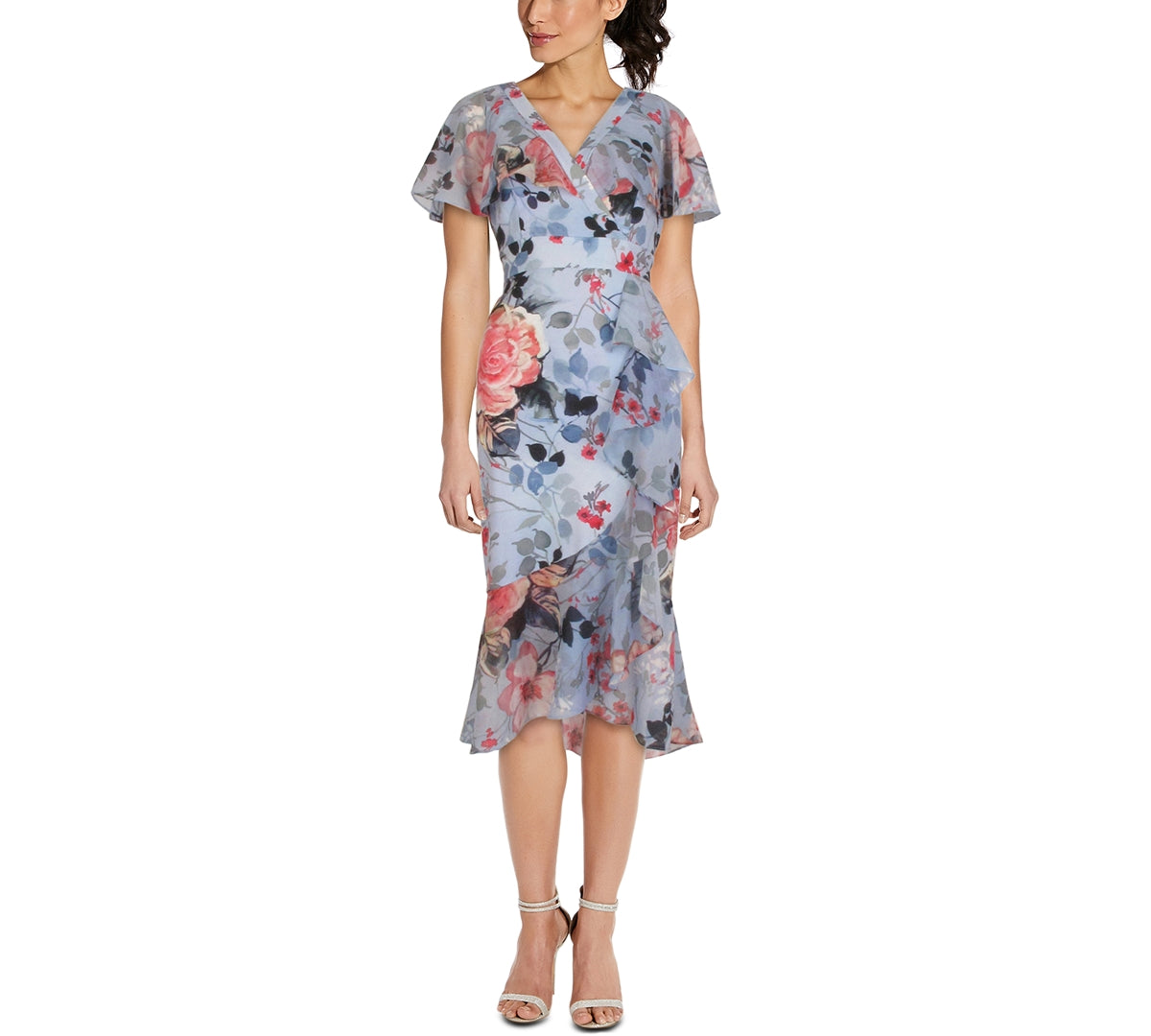 Vestido midi feminino Adrianna Papell com babados e estampa floral, azul, tamanho 12