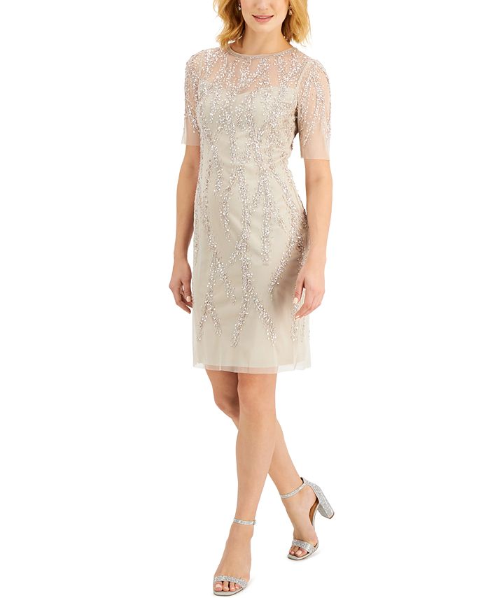 Vestido feminino Adrianna Papell com manga cotovelo e lantejoulas, bege, tamanho 0