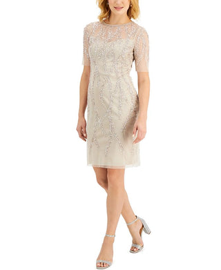 Adrianna Papell Women's Sequin Elbow Sleeve Dress Beige Size 0