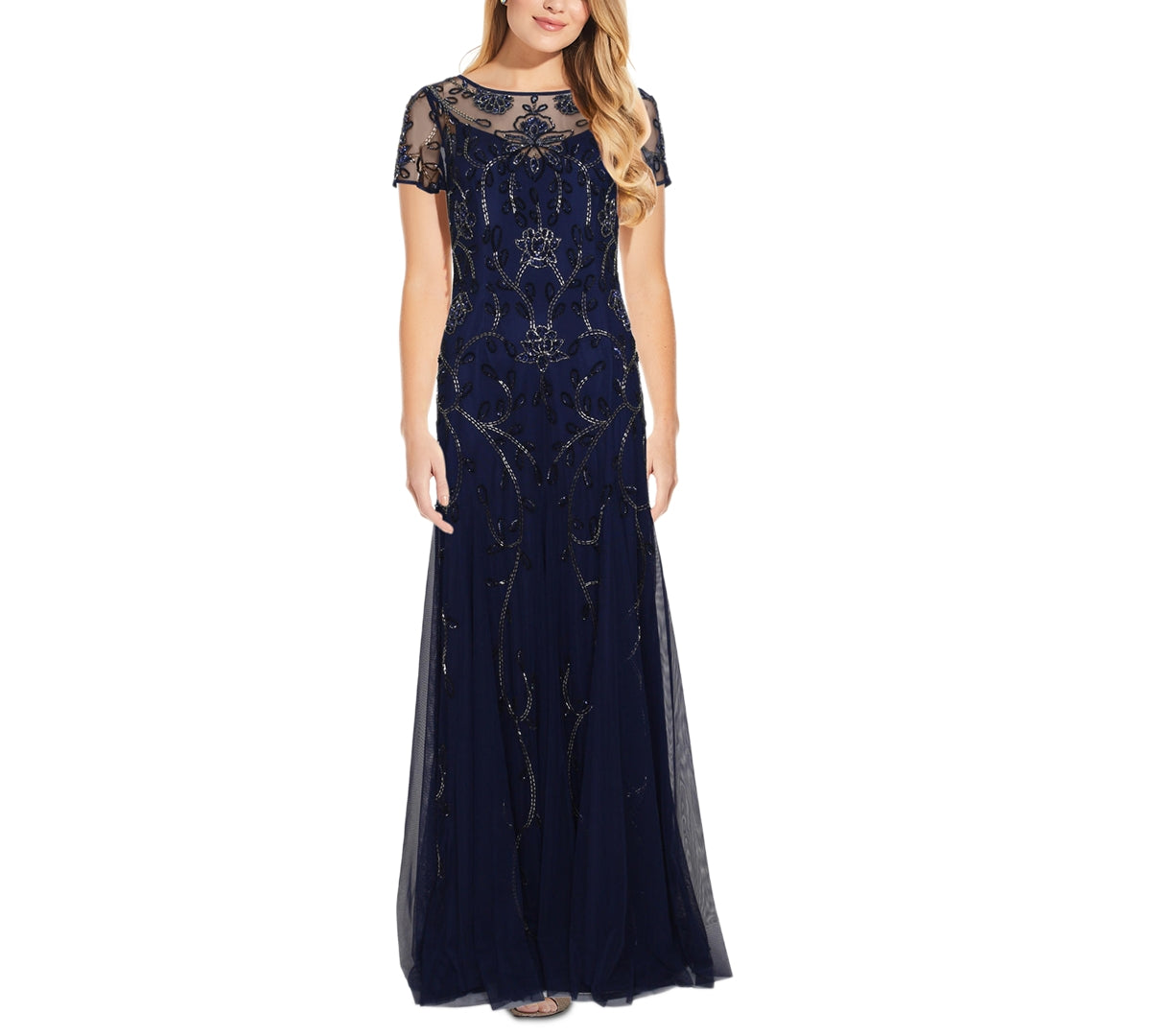 Vestido de festa feminino Adrianna Papell azul com contas, tamanho 8