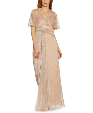 Adrianna Papell Women's Metallic Mesh Drape A Line Gown Brown Size 4