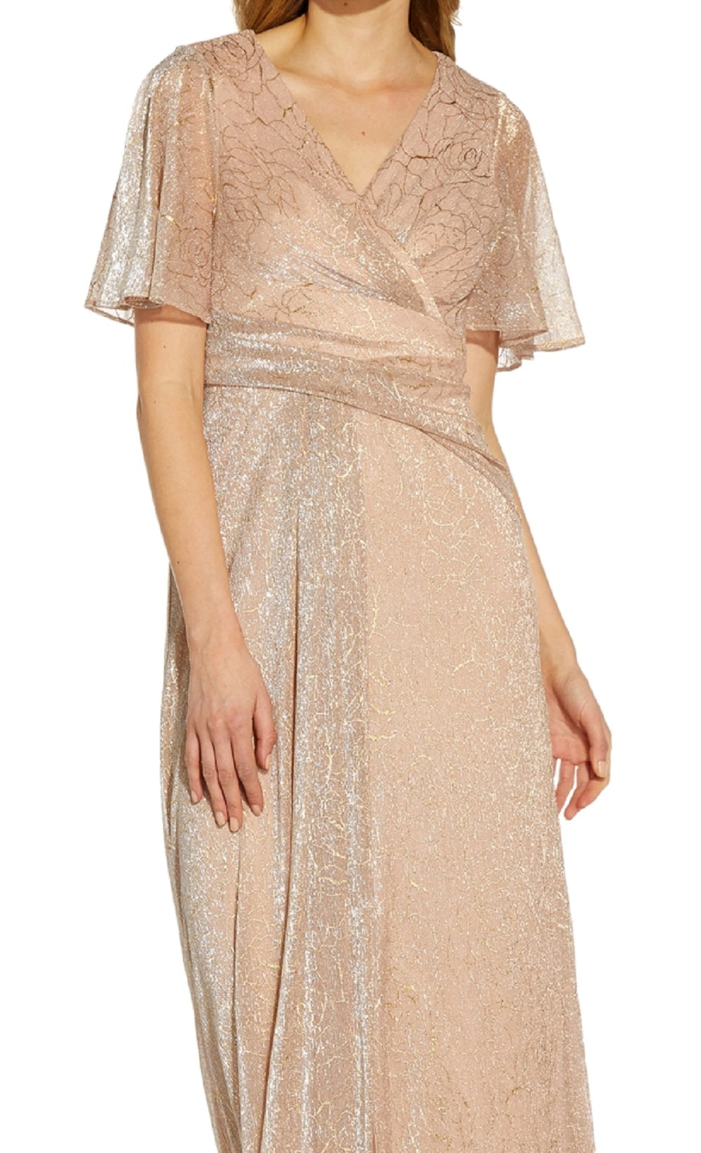 Vestido longo feminino Adrianna Papell com drapeado em malha metálica, marrom, tamanho 16