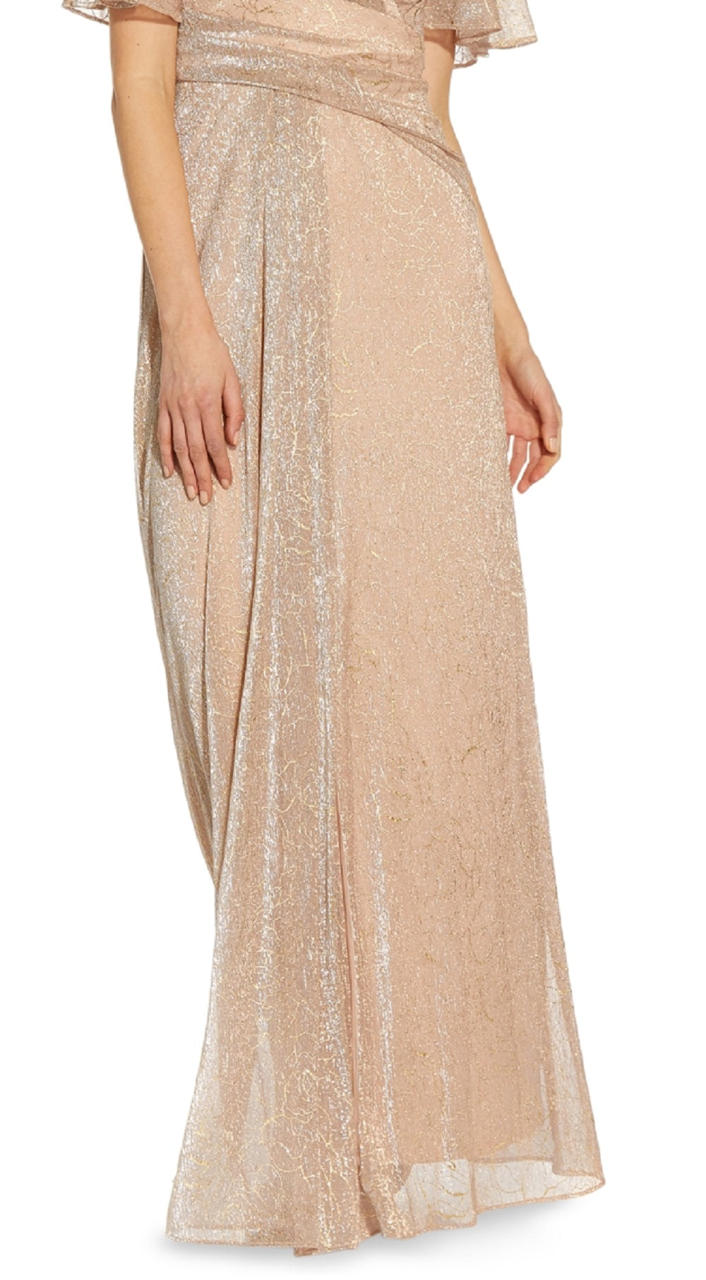 Vestido longo feminino Adrianna Papell com drapeado em malha metálica, marrom, tamanho 16