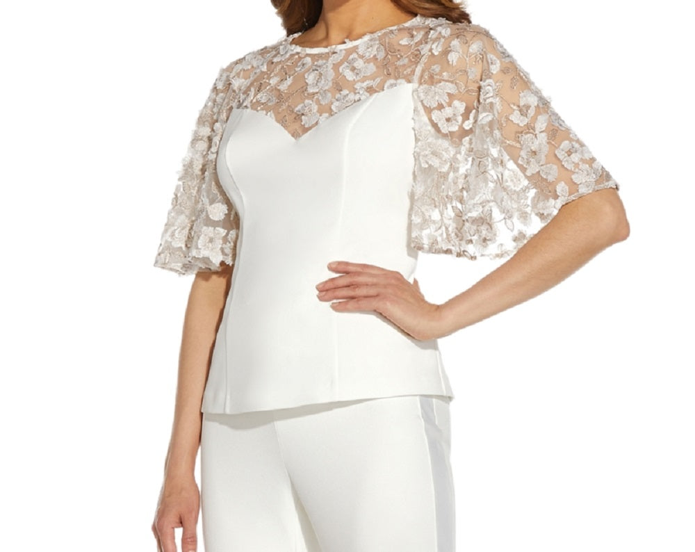 Adrianna Papell Blusa feminina bordada Illusion, branca, tamanho 4