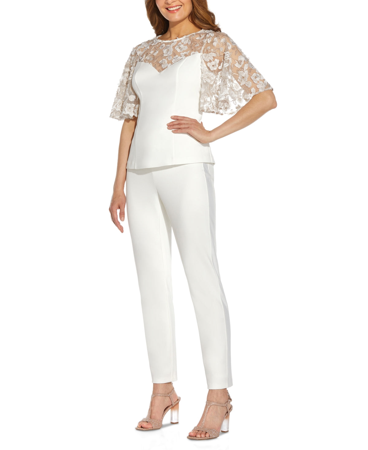 Adrianna Papell Blusa feminina bordada Illusion, branca, tamanho 4