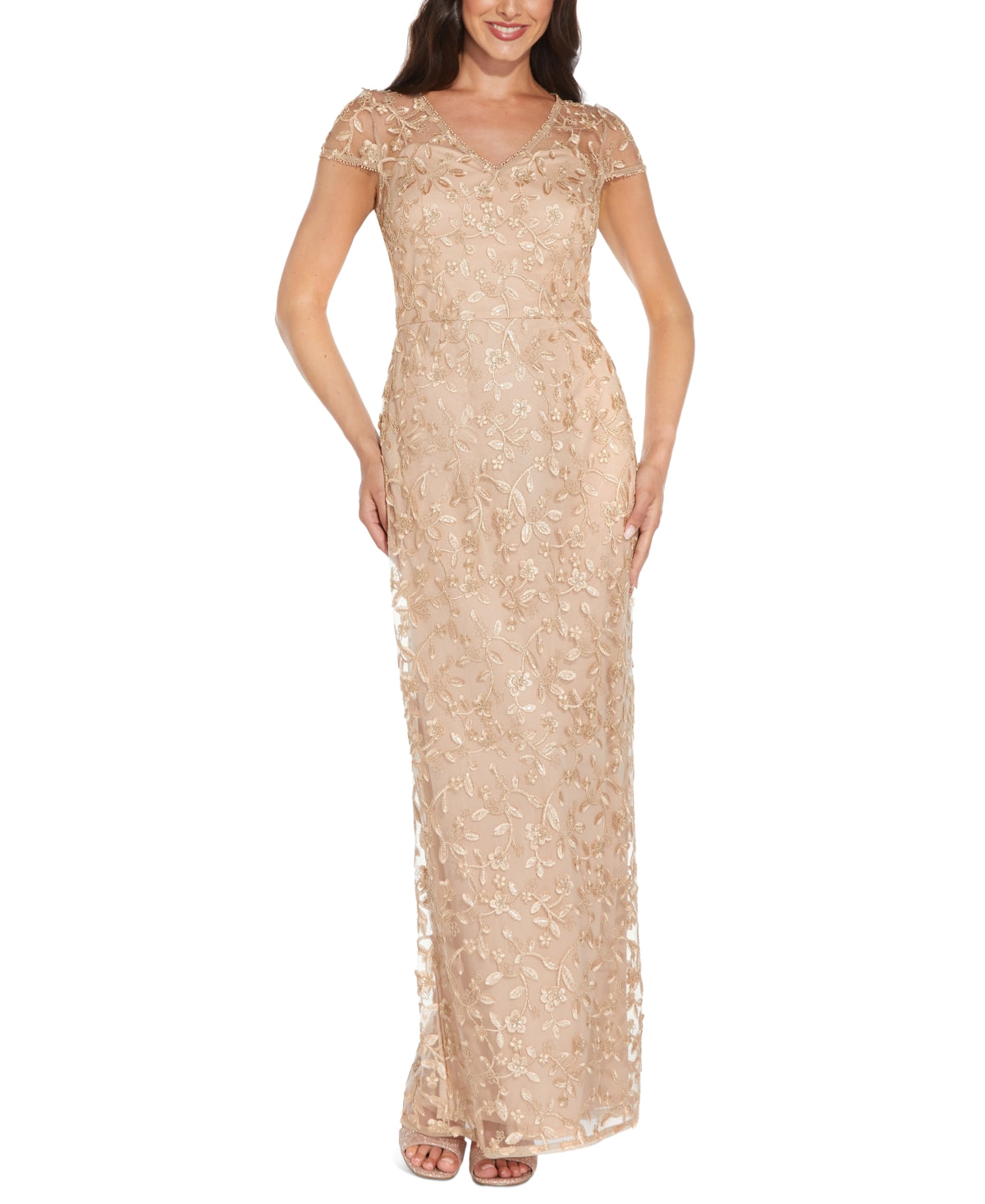 Vestido feminino metálico bordado Adrianna Papell, marrom, tamanho 0