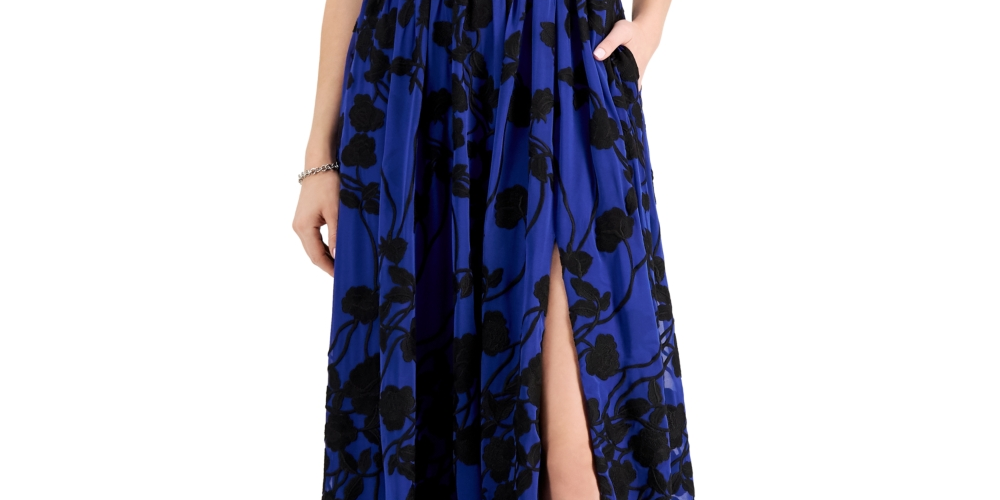 Vestido longo bordado feminino Aidan By Aidan Mattox, azul, tamanho 14