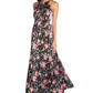 Vestido de noite longo com decote halter, sem mangas, com recortes florais, forro em camadas, preto, tamanho 6, da Aidan By Aidan Mattox