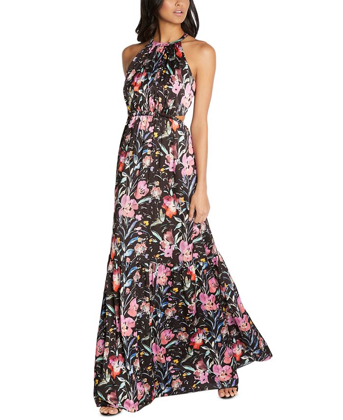Vestido de noite longo com decote halter, sem mangas, com recortes florais, forro em camadas, preto, tamanho 6, da Aidan By Aidan Mattox