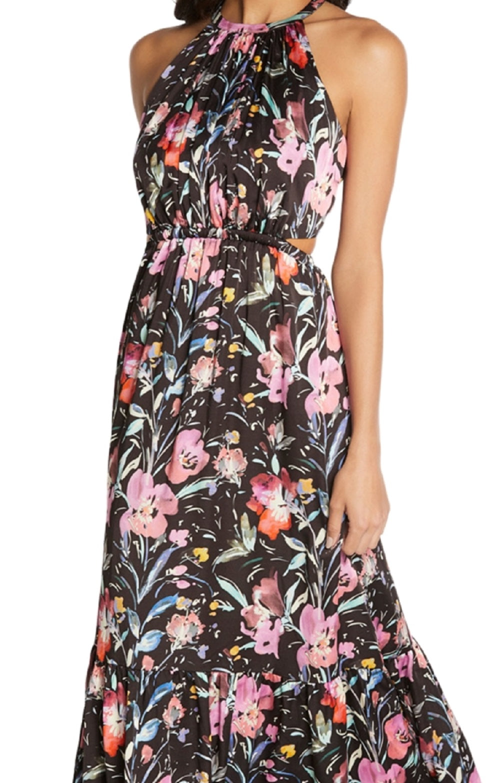 Vestido de noite longo com decote halter, sem mangas, com recortes florais, forro em camadas, preto, tamanho 6, da Aidan By Aidan Mattox