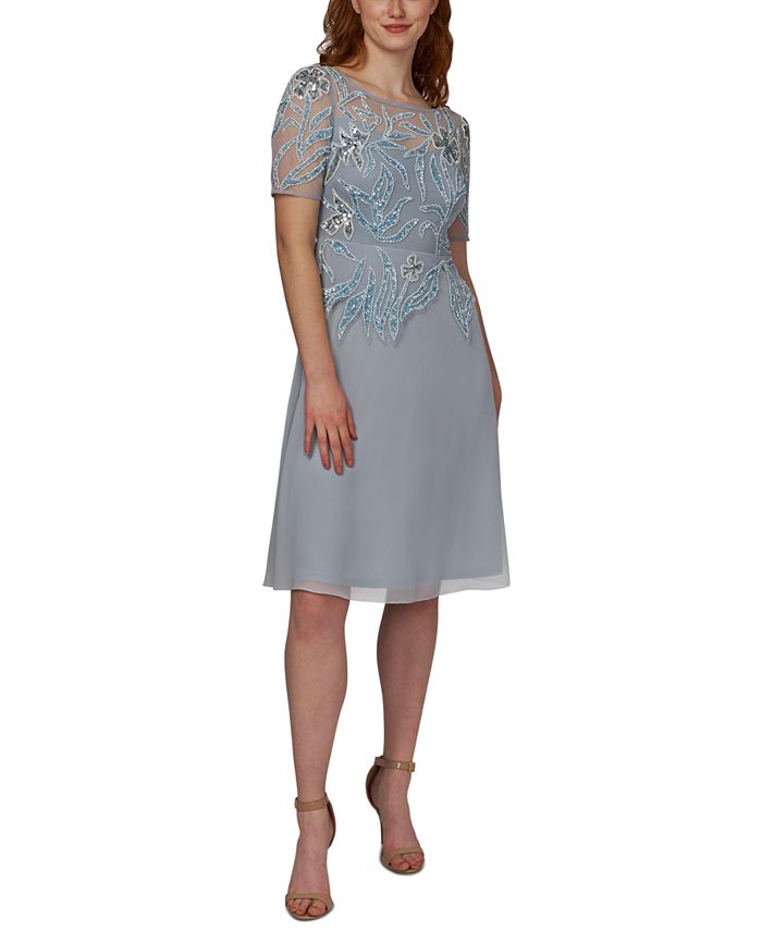 Vestido de coquetel feminino Adrianna Papell com contas, azul, tamanho 4