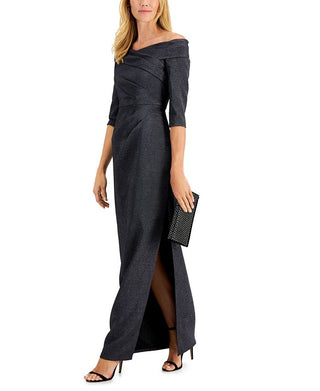 Adrianna Papell Women's Off The Shoulder Gown Gray Size 14