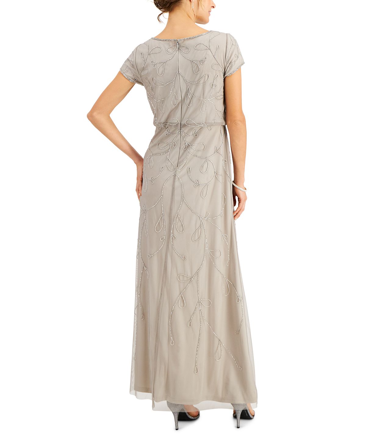 Vestido blusão feminino com detalhes embelezados, cinza, tamanho 4, da Papell Studio