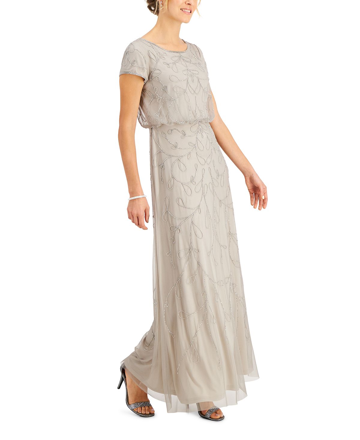 Vestido blusão feminino com detalhes embelezados, cinza, tamanho 4, da Papell Studio