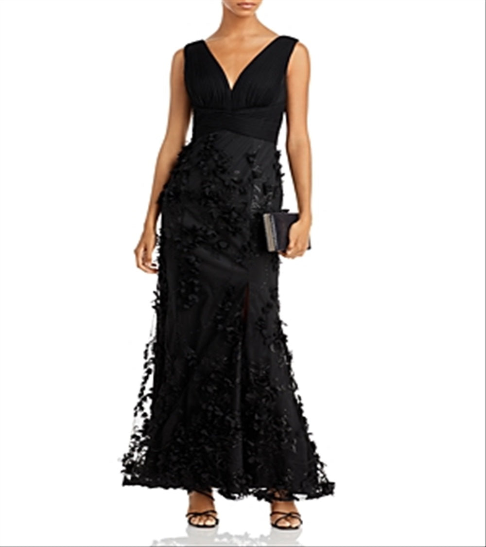 Vestido sereia com apliques florais femininos Aidan By Aidan Mattox, preto, tamanho 8