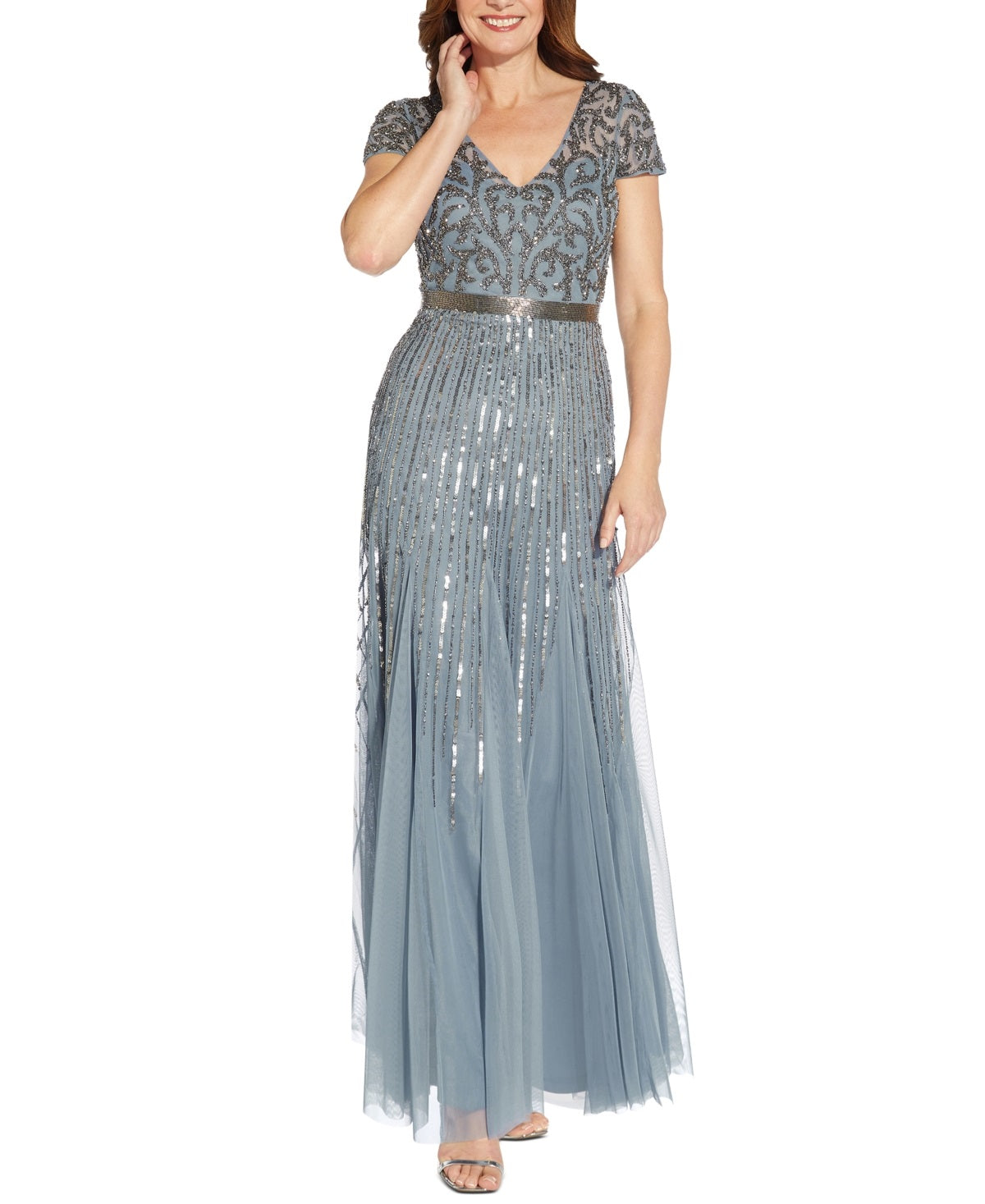 Vestido feminino Adrianna Papell com decote em V e detalhes em azul, tamanho 4