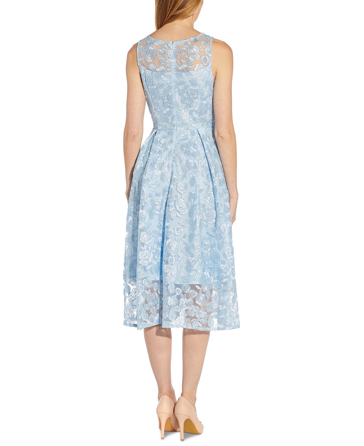 Vestido midi feminino Adrianna Papell com bordado floral e ajuste evasê, azul, tamanho 14