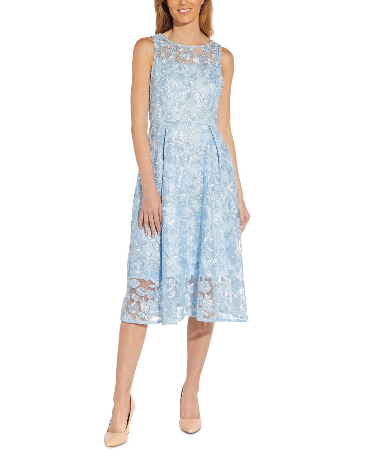 Vestido midi feminino Adrianna Papell com bordado floral e ajuste evasê, azul, tamanho 14