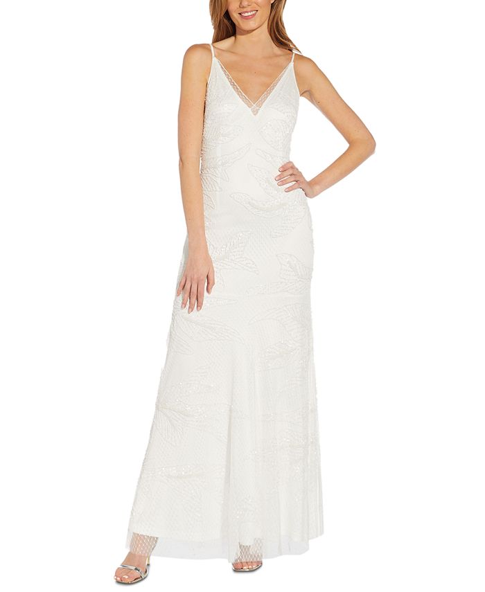 Vestido feminino Adrianna Papell com decote em V e detalhes em branco, tamanho 0