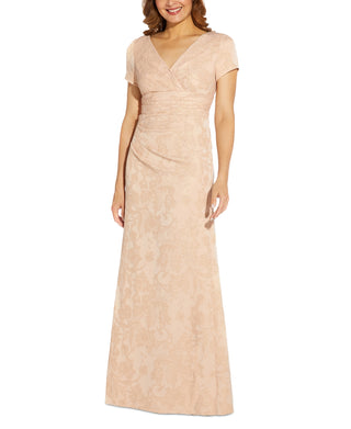 Adrianna Papell Women's V Neck Short Sleeve Pleated Gathered Side Zipper Back Dress Beige Size 16