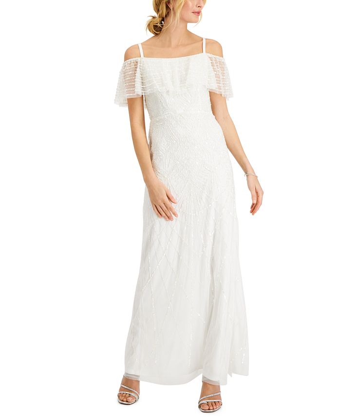Vestido feminino Adrianna Papell com decote profundo e contas, branco, tamanho 10