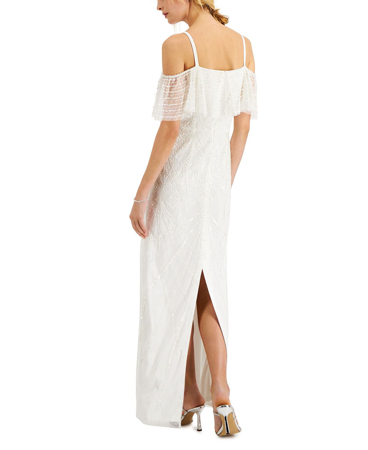Vestido feminino Adrianna Papell com decote profundo e contas, branco, tamanho 10