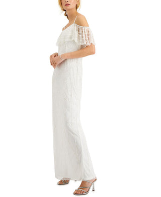 Vestido feminino Adrianna Papell com decote profundo e contas, branco, tamanho 10