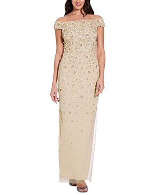 Adrianna Papell Women's Off The Shoulder 3-D Beaded Gown Brown Size 14