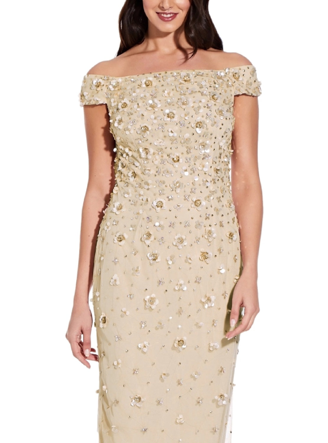 Vestido de festa feminino Adrianna Papell com decote ombro a ombro e contas 3D, marrom, tamanho 14