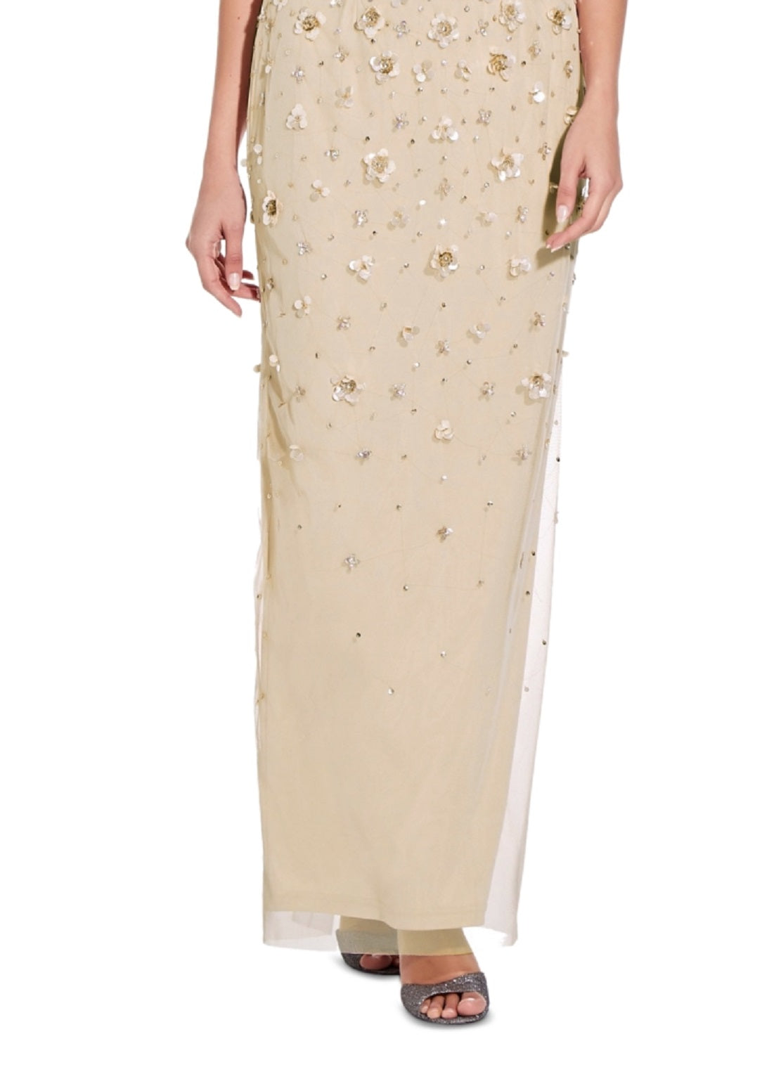 Vestido de festa feminino Adrianna Papell com decote ombro a ombro e contas 3D, marrom, tamanho 14