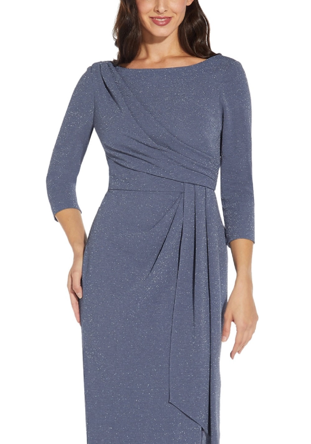 Vestido feminino Adrianna Papell com cintura franzida e acabamento metálico, azul, tamanho 4