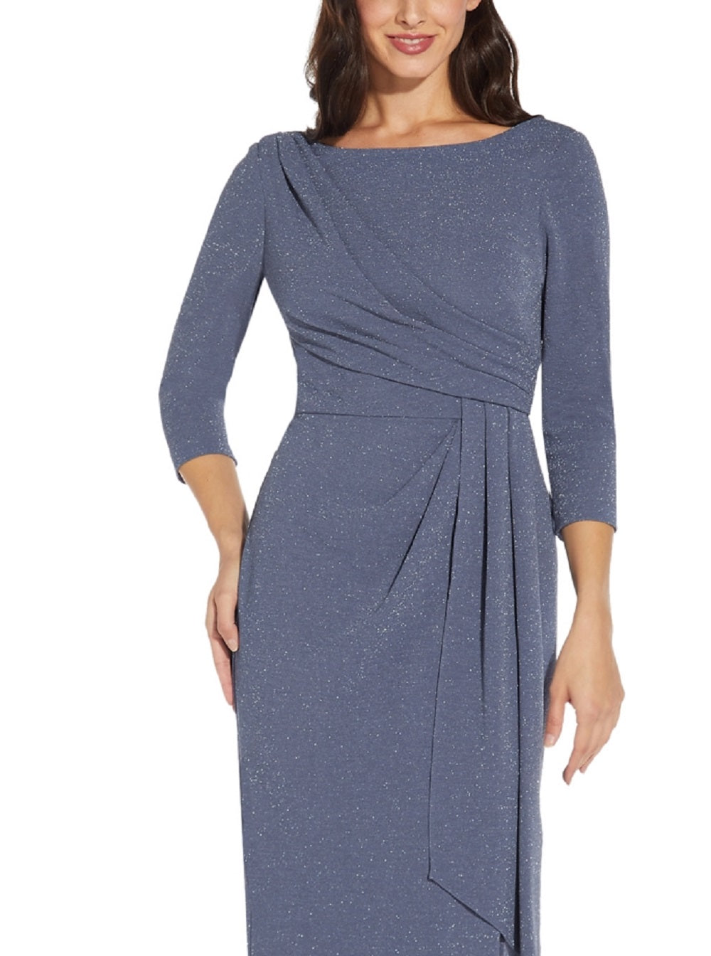 Vestido longo drapeado feminino Adrianna Papell em malha metálica, azul, tamanho 10