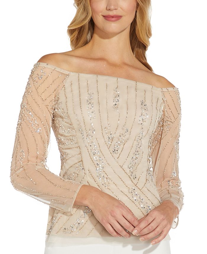 Adrianna Papell Blusa feminina com miçangas e ombro de fora, bege, tamanho 16
