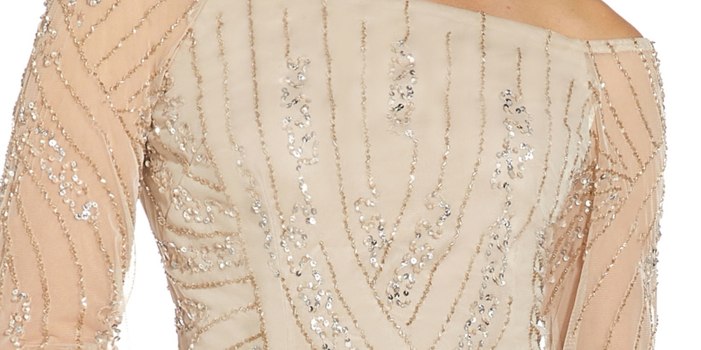 Adrianna Papell Blusa feminina com miçangas e ombro de fora, bege, tamanho 16