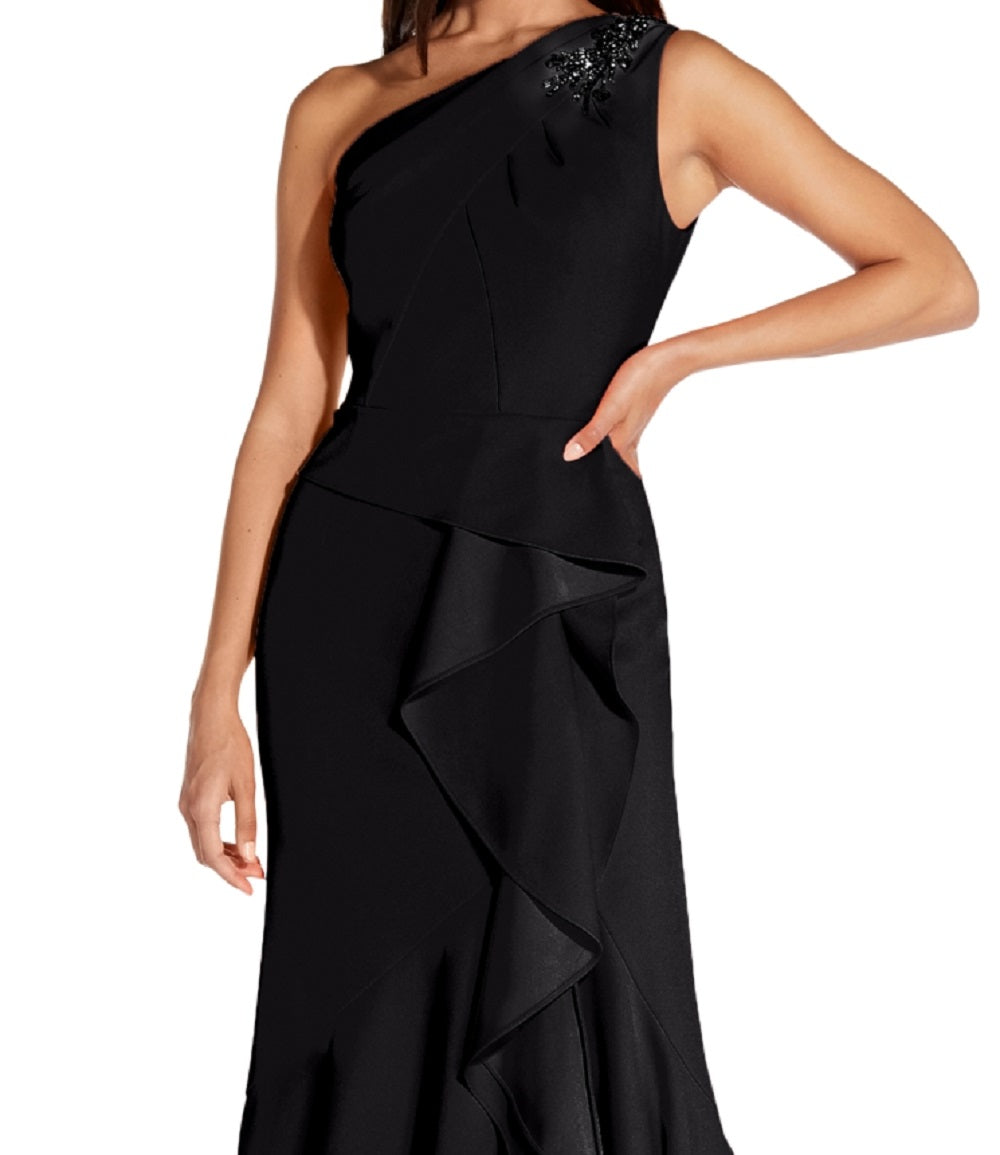 Vestido feminino Adrianna Papell com um ombro só e babados, preto, tamanho 6