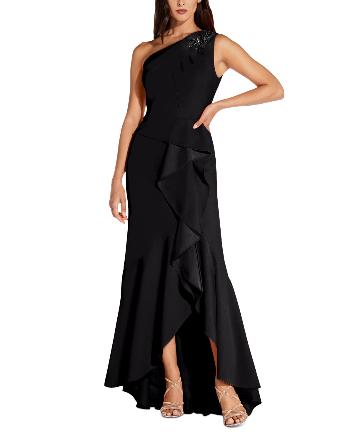 Vestido feminino Adrianna Papell com um ombro só e babados, preto, tamanho 6