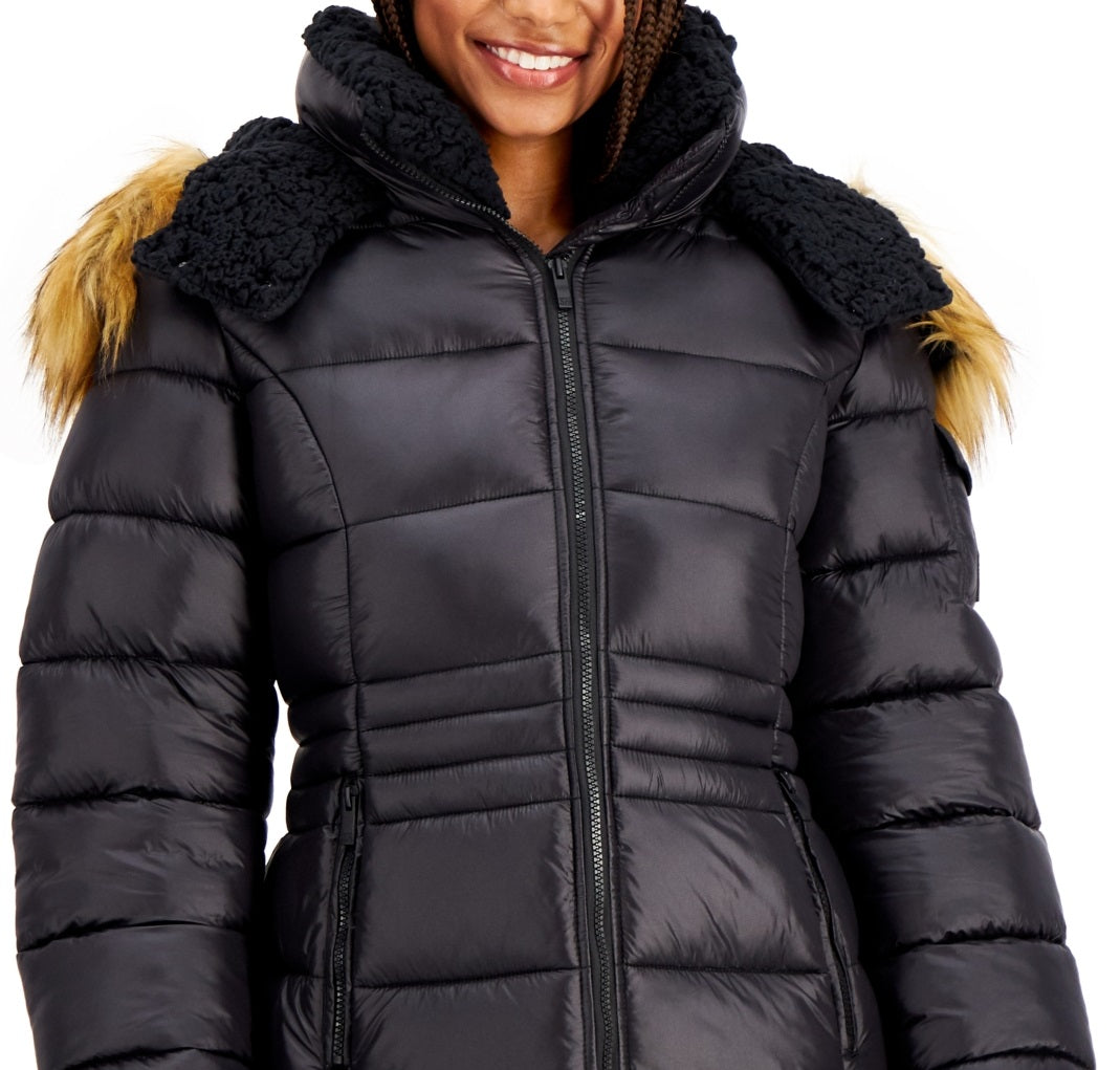 Casaco acolchoado com capuz e acabamento em pele sintética Steve Madden Junior, preto, tamanho extragrande