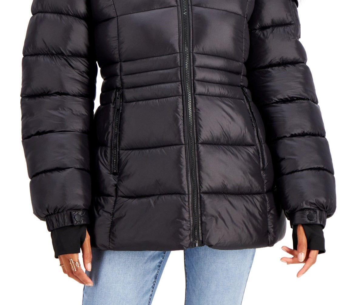 Casaco acolchoado com capuz e acabamento em pele sintética Steve Madden Junior, preto, tamanho extragrande