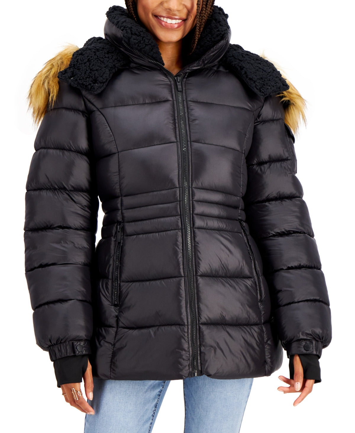 Casaco acolchoado com capuz e acabamento em pele sintética Steve Madden Junior, preto, tamanho extragrande