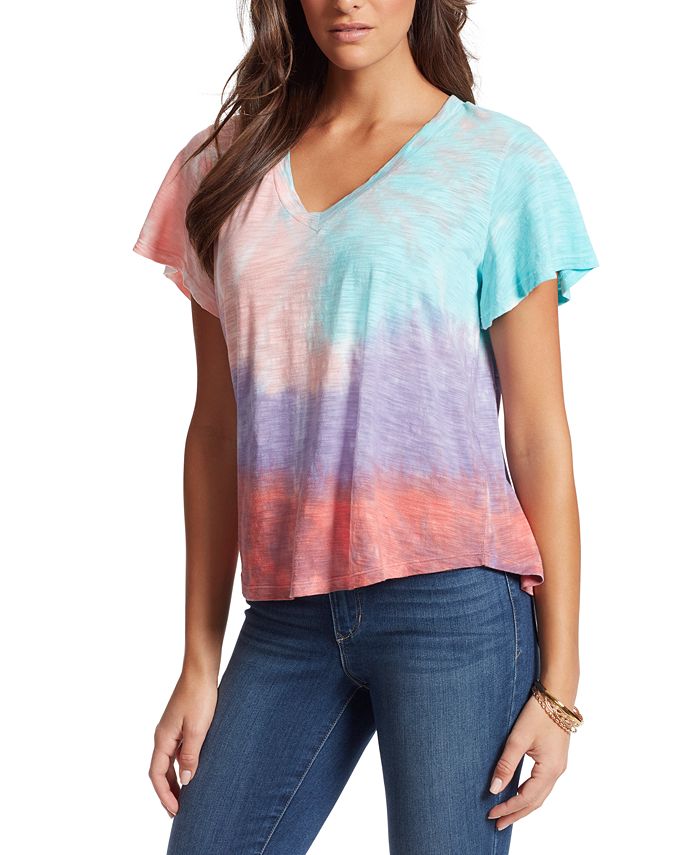 Jessica Simpson Blusa Feminina Tie Dye Manga Flutter Gola V Branca Tamanho P