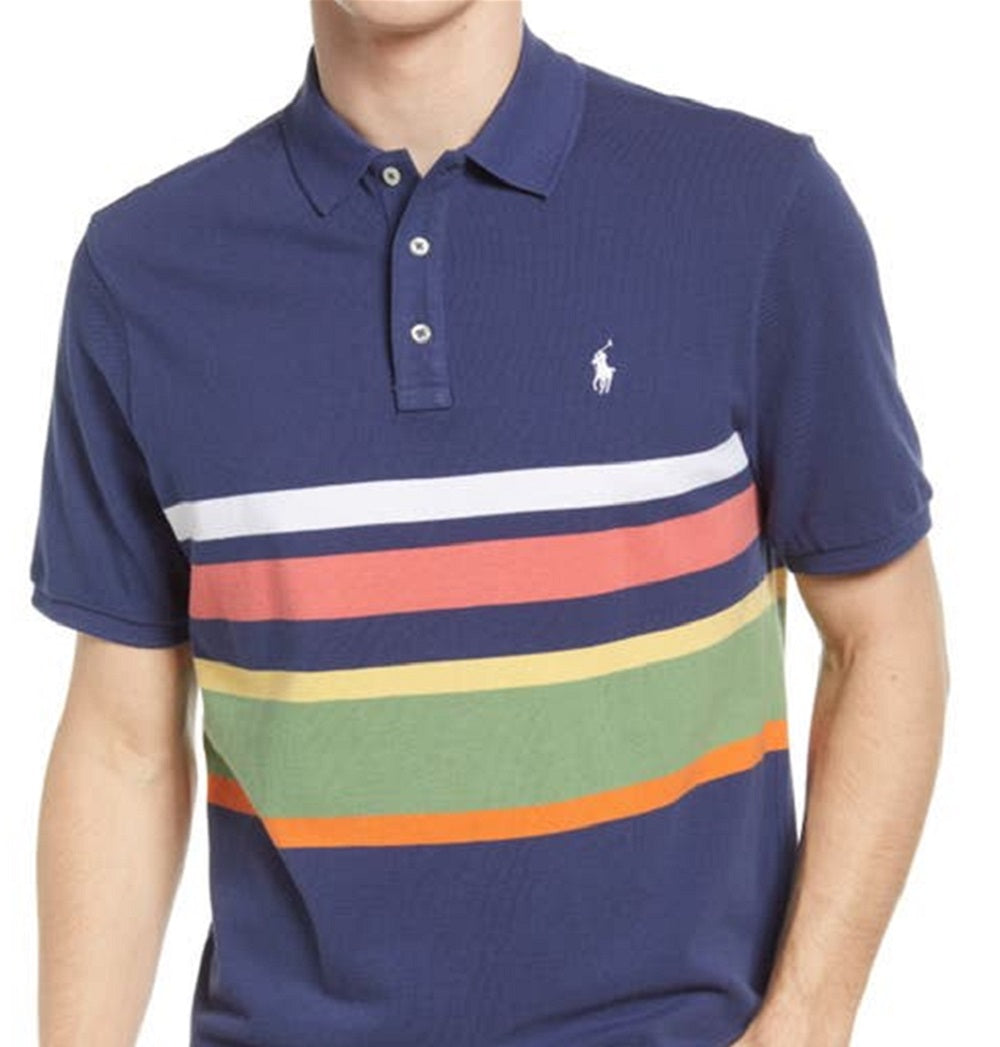 Polo Ralph Lauren Masculino Listrado Piqué Azul Tamanho Médio