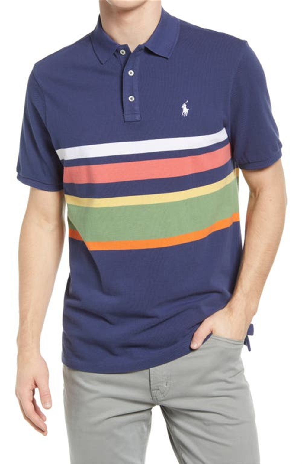 Polo Ralph Lauren Masculino Listrado Piqué Azul Tamanho Médio