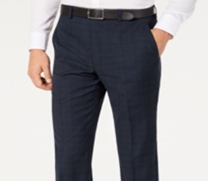 Michael Kors Masculino Classic Fit Airsoft Stretch Azul-petróleo Xadrez Terno Calça Separada Azul Tamanho 44X34