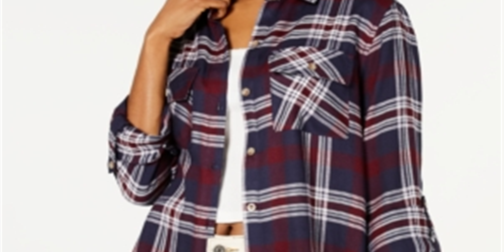 Camisa utilitária xadrez feminina Polly &amp; Esther, azul, tamanho pequeno