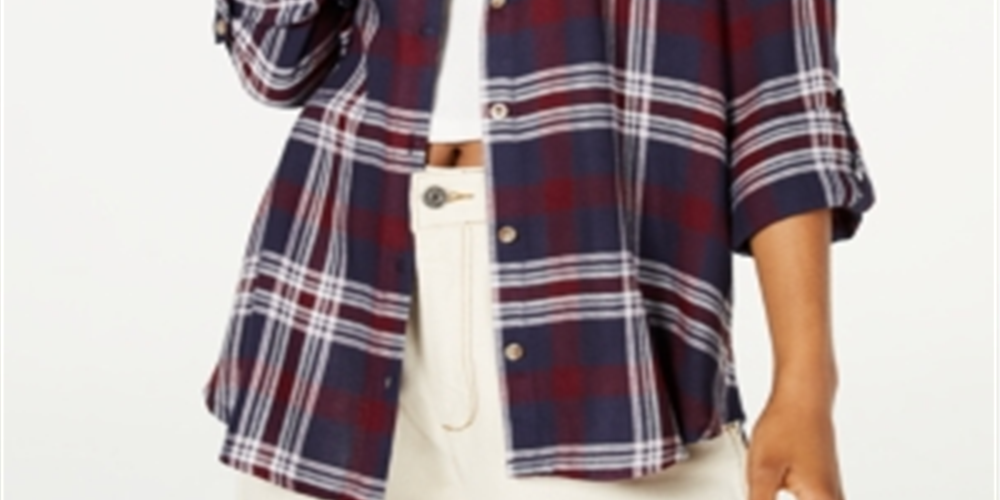 Camisa utilitária xadrez feminina Polly &amp; Esther, azul, tamanho pequeno